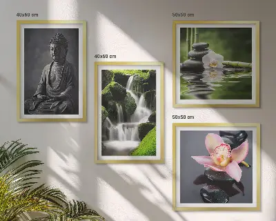 Mur de tableaux peintures zen avec galets d'eau et bouddha