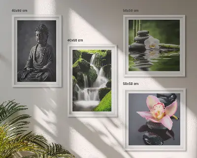 Mur de tableaux peintures zen avec galets d'eau et bouddha