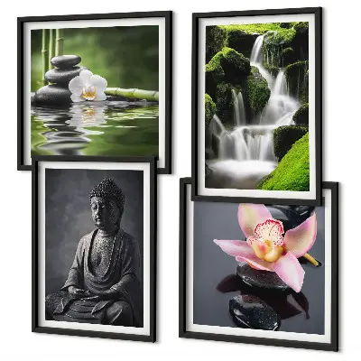 Mur de tableaux peintures zen avec galets d'eau et bouddha