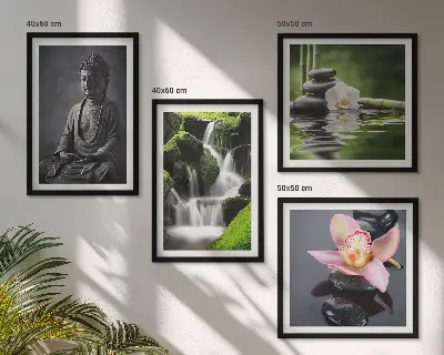 Mur de tableaux peintures zen avec galets d'eau et bouddha