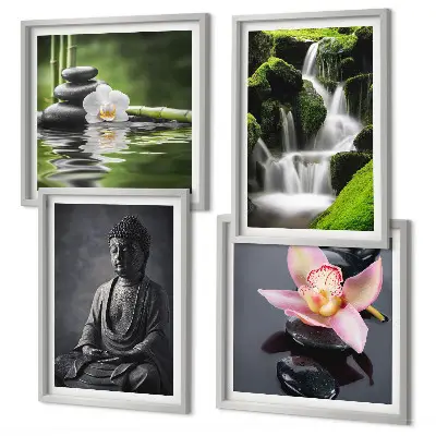 Mur de tableaux peintures zen avec galets d'eau et bouddha