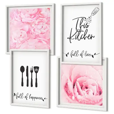 Ensemble de 4 tableaux représentant une cuisine aux roses délicates