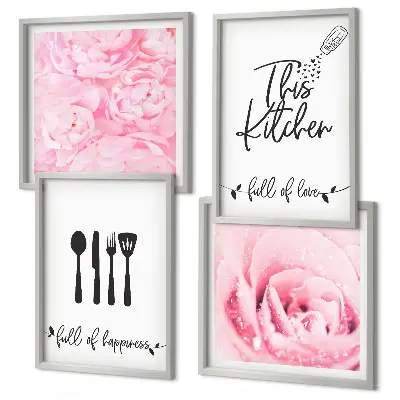 Ensemble de 4 tableaux représentant une cuisine aux roses délicates