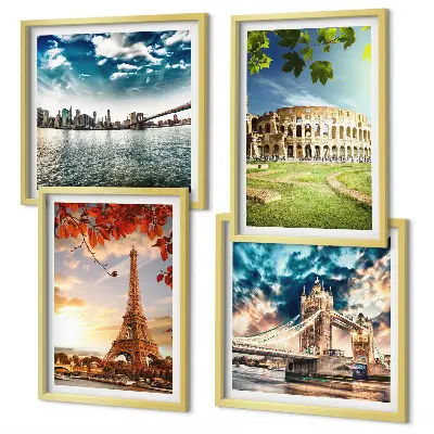 Ensemble de 4 tableaux représentant des monuments d'Europe aux couleurs chaudes
