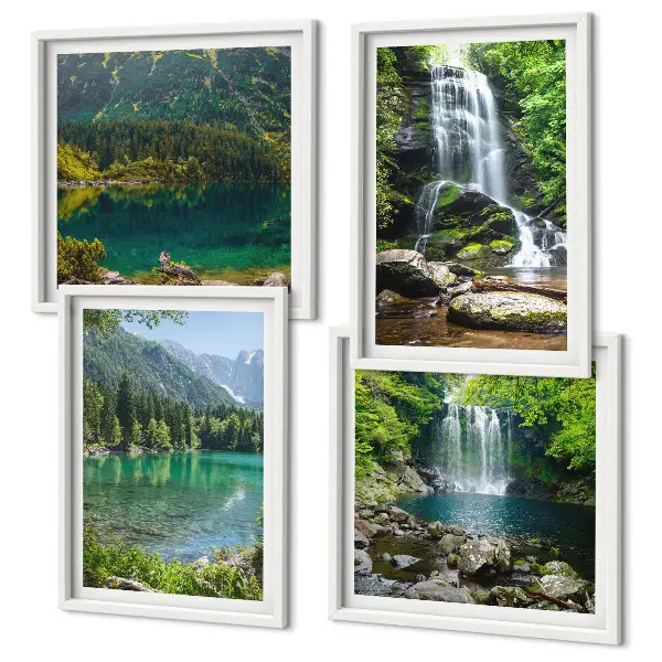 Ensemble de 4 tableaux représentant des cascades dans un cadre verdoyant