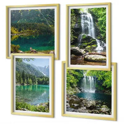 Ensemble de 4 tableaux représentant des cascades dans un cadre verdoyant