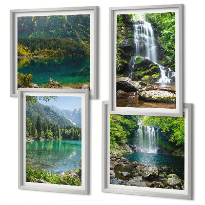 Ensemble de 4 tableaux Des cascades dans un cadre verdoyant