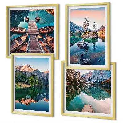Mur de tableaux représentant des reflets de forêt sur un lac de montagne