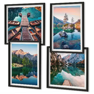 Mur de tableaux représentant des reflets de forêt sur un lac de montagne