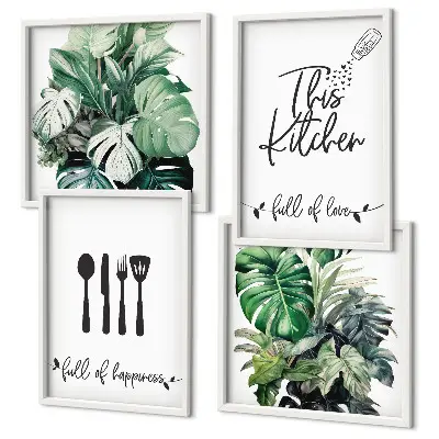 Polyptyque 2 cadres avec motifs de feuilles d'ustensiles de cuisine