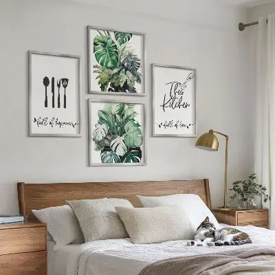 Polyptyque 2 cadres avec motifs de feuilles d'ustensiles de cuisine