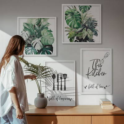 Polyptyque z cadres Les motifs des ustensiles de cuisine sont en forme de feuilles.
