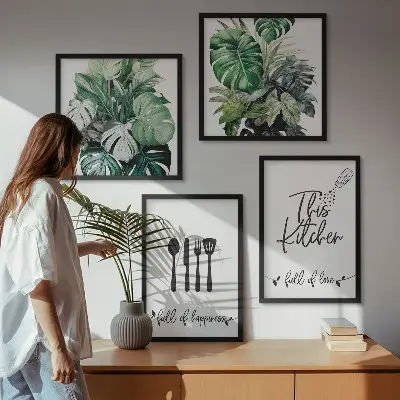 Polyptyque 2 cadres avec motifs de feuilles d'ustensiles de cuisine