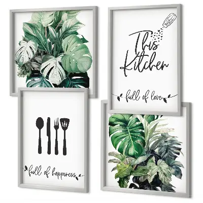 Polyptyque 2 cadres avec motifs de feuilles d'ustensiles de cuisine