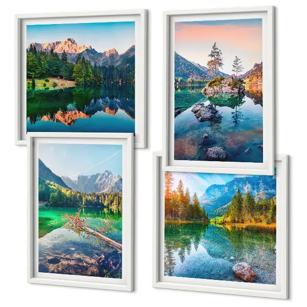 Ensemble de 4 tableaux représentant un paysage naturel de lacs de montagne