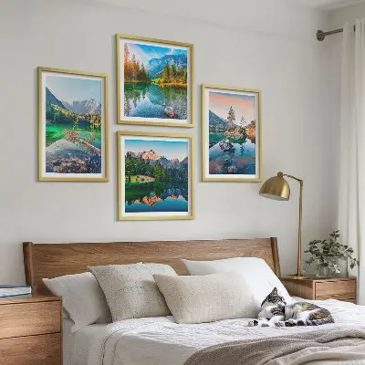 Ensemble de 4 tableaux représentant un paysage naturel de lacs de montagne