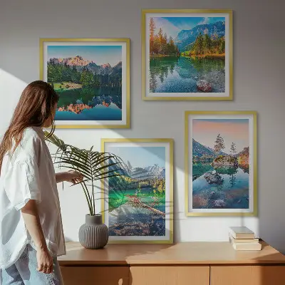 Ensemble de 4 tableaux représentant un paysage naturel de lacs de montagne