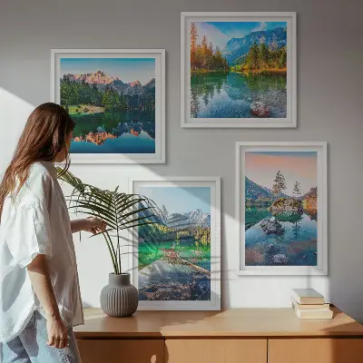 Ensemble de 4 tableaux représentant un paysage naturel de lacs de montagne