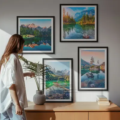 Ensemble de 4 tableaux représentant un paysage naturel de lacs de montagne
