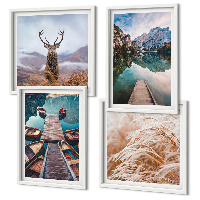 Ensemble de 4 tableaux Lac bateaux montagnes de cerfs