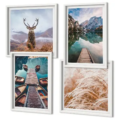 Ensemble de 4 tableaux peinture de lac avec bateaux et cerfs dans les montagnes