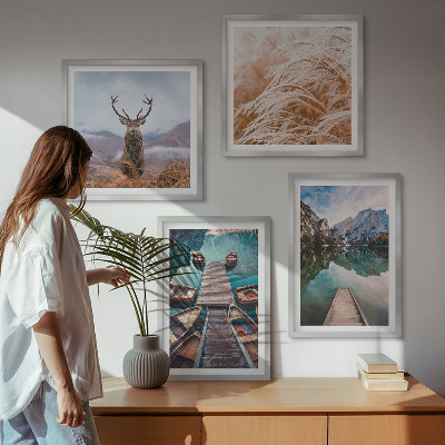 Ensemble de 4 tableaux Lac bateaux montagnes de cerfs