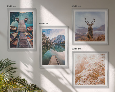 Ensemble de 4 tableaux Lac bateaux montagnes de cerfs