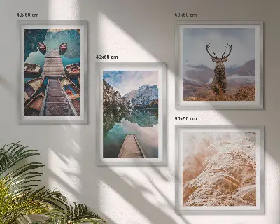 Ensemble de 4 tableaux peinture de lac avec bateaux et cerfs dans les montagnes