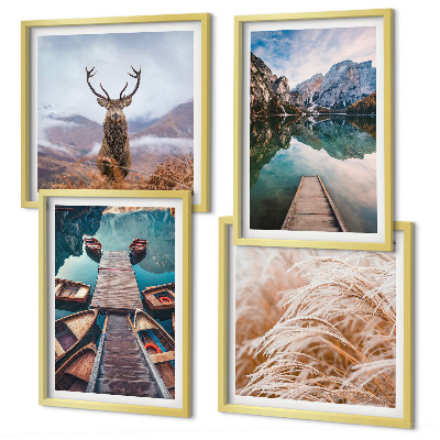 Ensemble de 4 tableaux Lac bateaux montagnes de cerfs