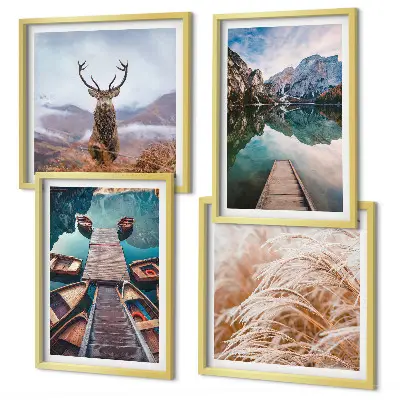 Ensemble de 4 tableaux peinture de lac avec bateaux et cerfs dans les montagnes