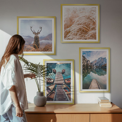 Ensemble de 4 tableaux Lac bateaux montagnes de cerfs