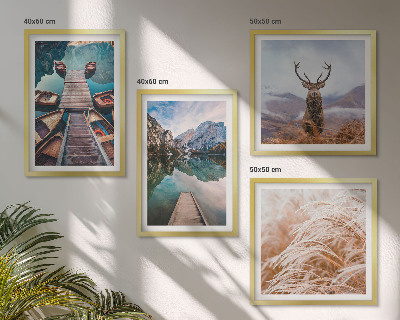 Ensemble de 4 tableaux Lac bateaux montagnes de cerfs