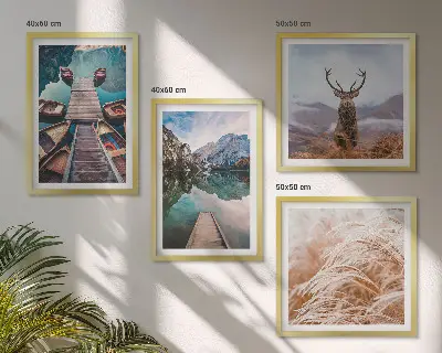 Ensemble de 4 tableaux peinture de lac avec bateaux et cerfs dans les montagnes