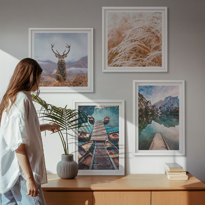 Ensemble de 4 tableaux Lac bateaux montagnes de cerfs