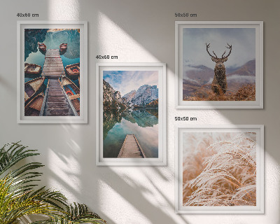Ensemble de 4 tableaux Lac bateaux montagnes de cerfs