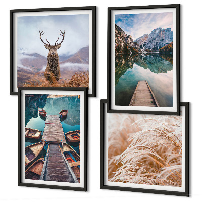 Ensemble de 4 tableaux Lac bateaux montagnes de cerfs