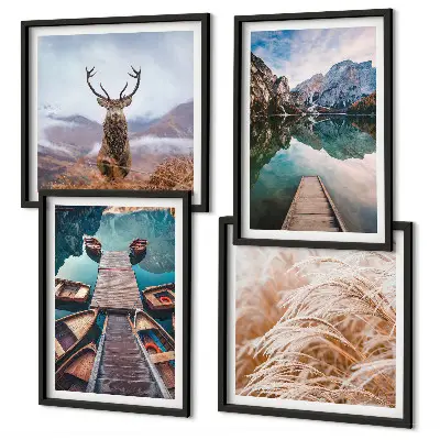 Ensemble de 4 tableaux peinture de lac avec bateaux et cerfs dans les montagnes