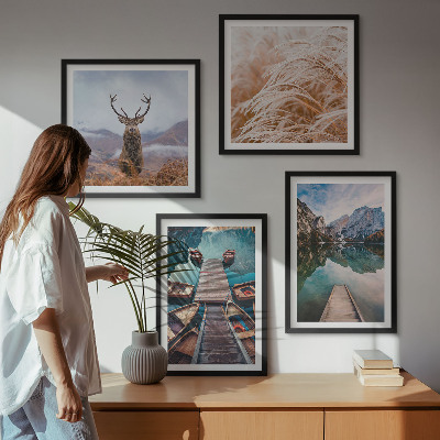 Ensemble de 4 tableaux Lac bateaux montagnes de cerfs