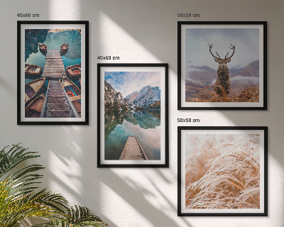 Ensemble de 4 tableaux Lac bateaux montagnes de cerfs