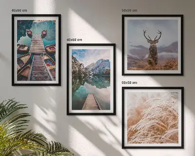 Ensemble de 4 tableaux peinture de lac avec bateaux et cerfs dans les montagnes