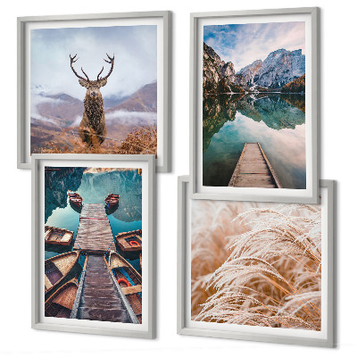 Ensemble de 4 tableaux Lac bateaux montagnes de cerfs