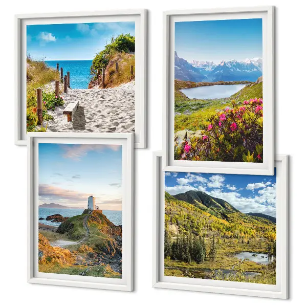 Ensemble de 4 tableaux représentant une plage, un phare, des montagnes, des prairies et des fleurs
