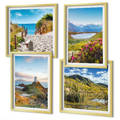 Ensemble de 4 tableaux Plage, phare, montagnes, prairies, fleurs