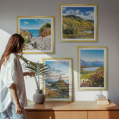 Ensemble de 4 tableaux Plage, phare, montagnes, prairies, fleurs