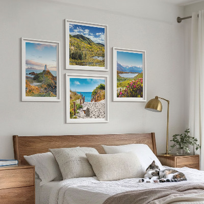 Ensemble de 4 tableaux Plage, phare, montagnes, prairies, fleurs