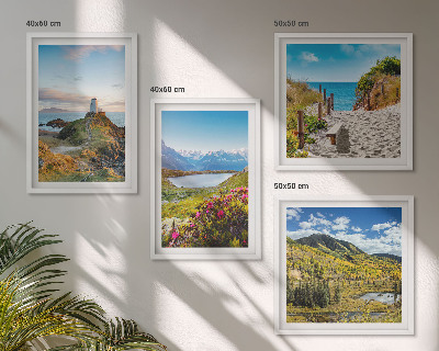 Ensemble de 4 tableaux Plage, phare, montagnes, prairies, fleurs