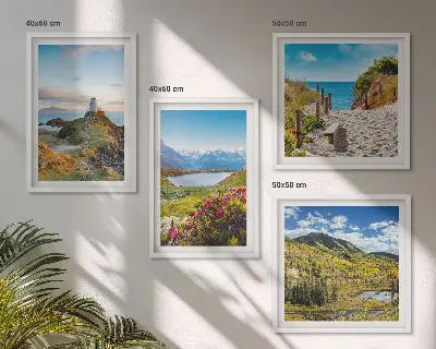 Ensemble de 4 tableaux représentant une plage, un phare, des montagnes, des prairies et des fleurs