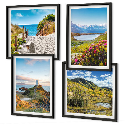 Ensemble de 4 tableaux Plage, phare, montagnes, prairies, fleurs