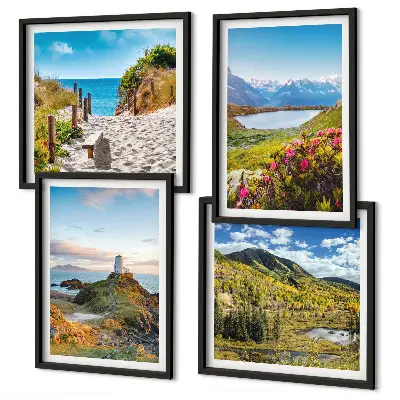 Ensemble de 4 tableaux représentant une plage, un phare, des montagnes, des prairies et des fleurs