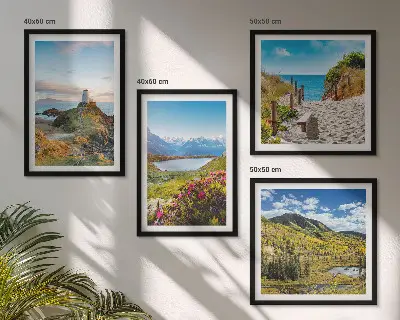 Ensemble de 4 tableaux représentant une plage, un phare, des montagnes, des prairies et des fleurs